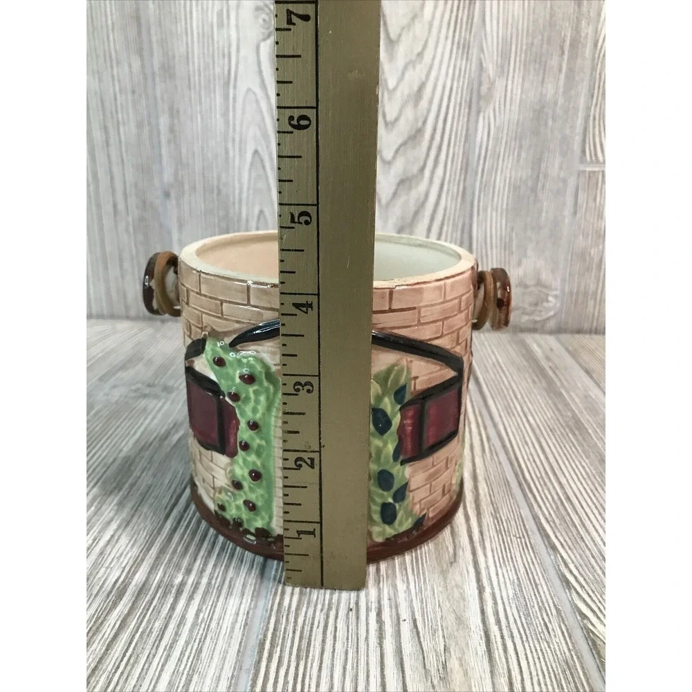 VTG Ceramic Cottage House Cookie Jar Biscuit Barrel Wicker Handle Hand Painted